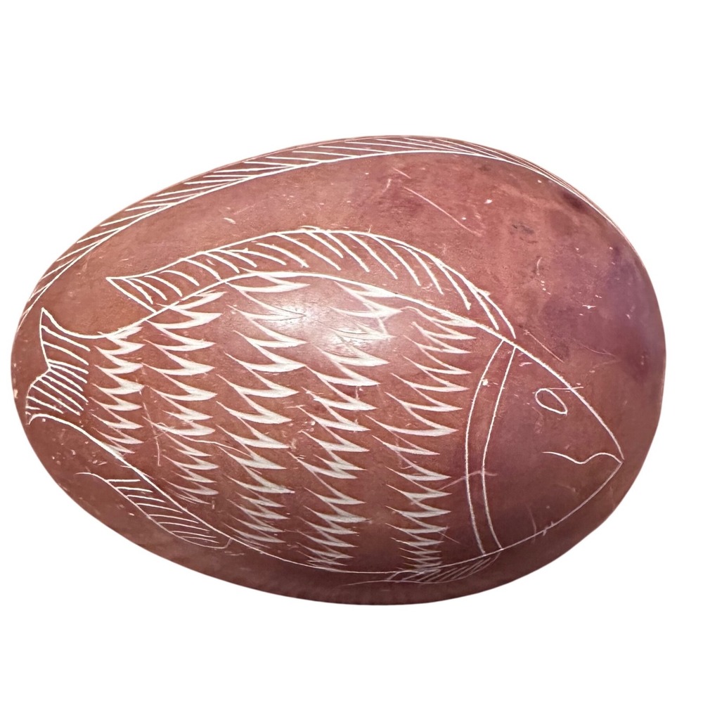 Hand Carved Soapstone Fish Egg Figurine Brown Excellent Etched Art